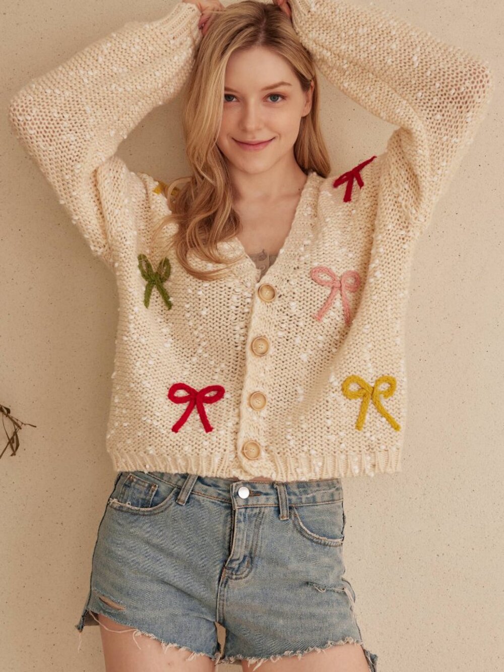 Soft Ribbon Crochet Knit Button Comfy Cardigan Ivory NEW